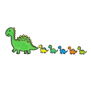 A Line of Baby Dinosaurs Following Their Mom